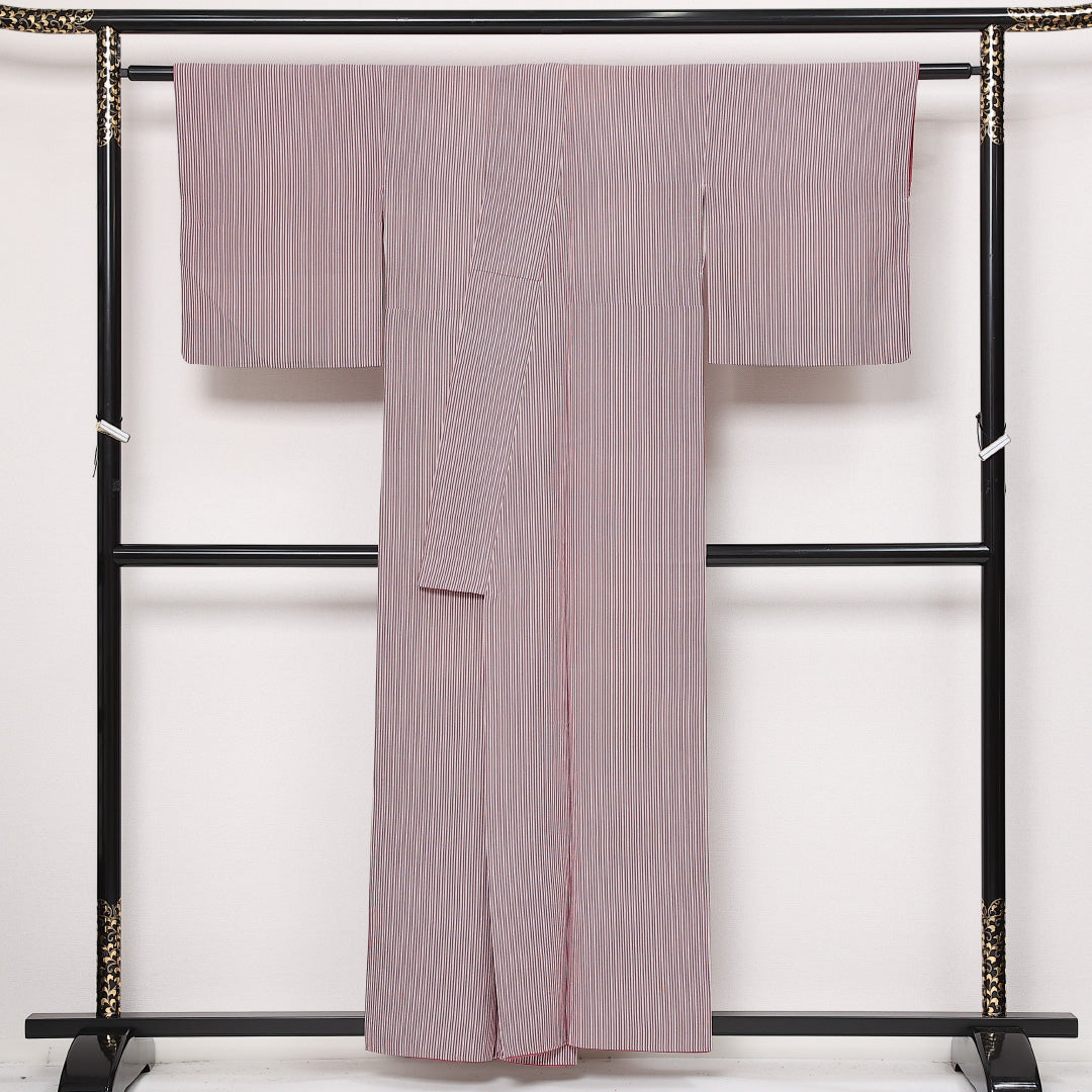 小紋 袷 身丈156cm 裄丈63cm 正絹 Bランク インフォーマル 広衿 Mサイズ 型染め 手彫型本染 白川翠峯 作家物 落款 縞 紫系 RP 1221-13567