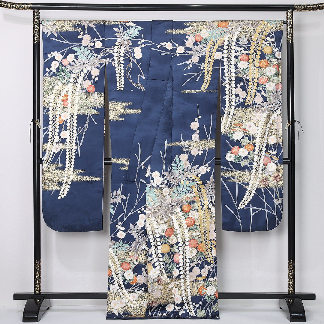 振袖 身丈169cm 裄丈68.5cm Sランク 正絹 袷 広衿 XL 金駒刺繍 菊 フォーマル 古典的 華やか 紺系 1213-F0502