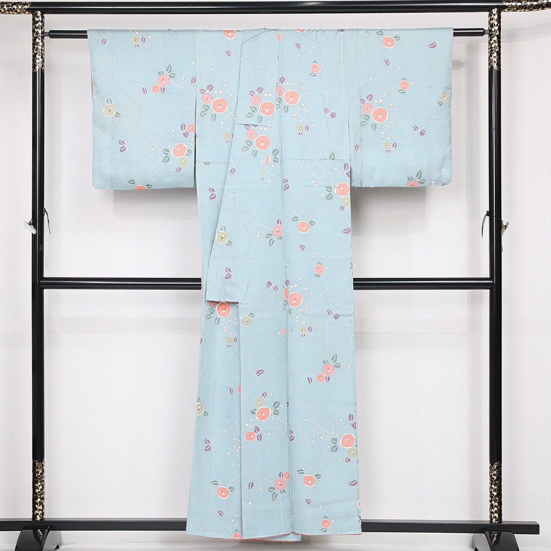 小紋 袷 身丈154cm 裄丈62.5cm Cランク 正絹 広衿 Sサイズ カジュアル 紋意匠 椿 琳派 水色系 上品 しとやか 1215-13226
