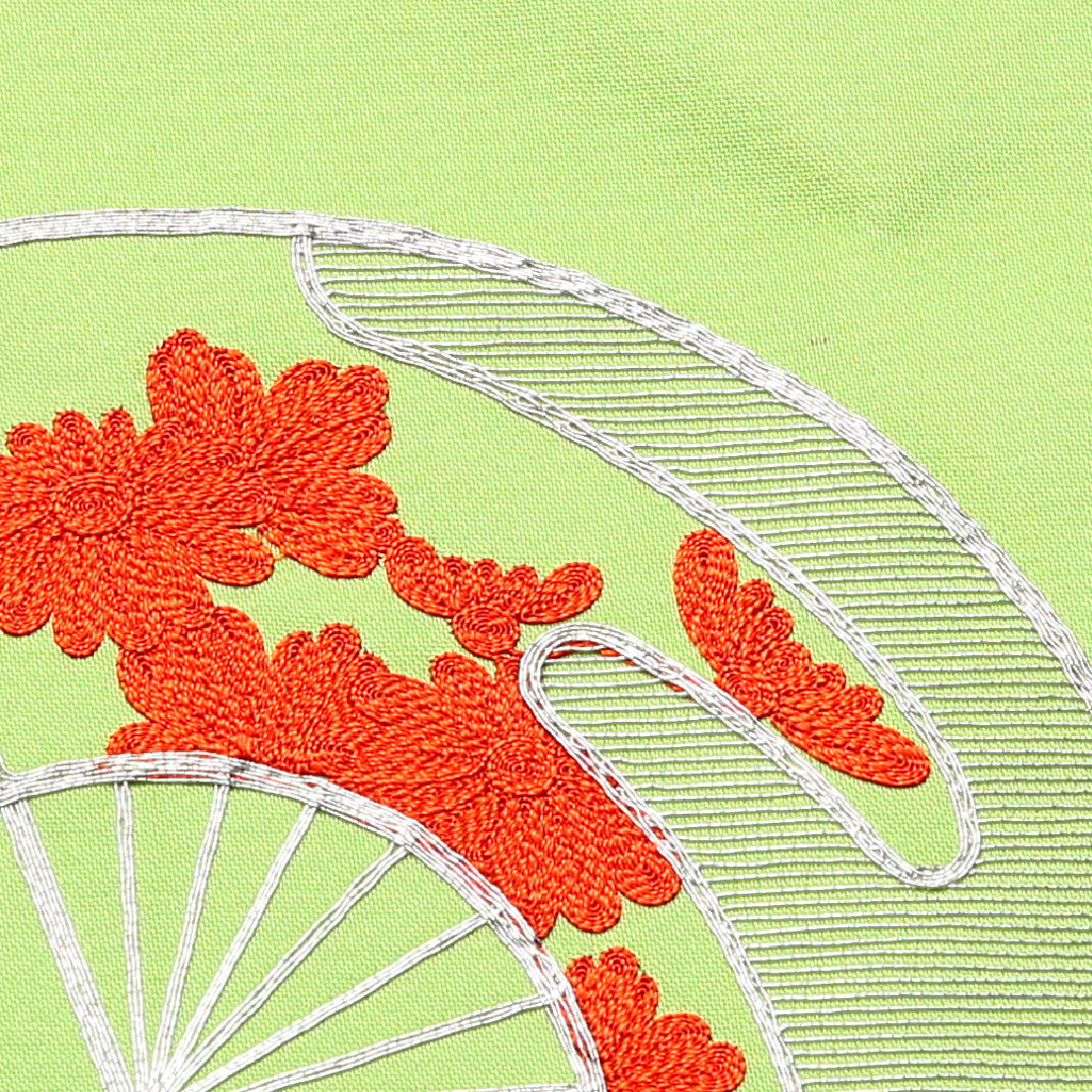 名古屋帯 ポイント柄 帯丈356cm セミフォーマル Aランク 正絹 銀駒刺繍 扇 緑系 1224-02489