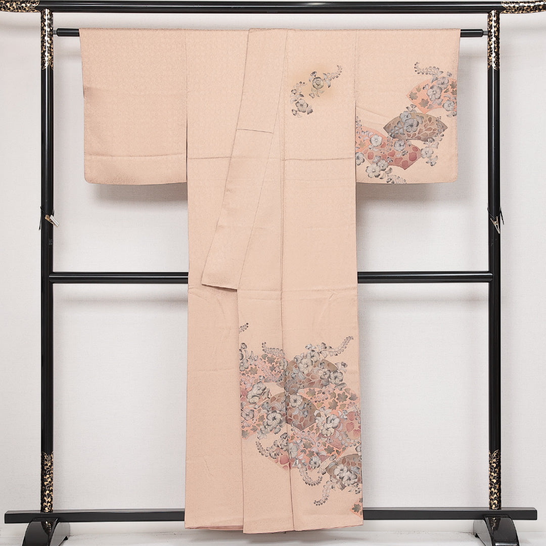 訪問着 袷 身丈154cm 裄丈62cm Sランク 正絹 辻が花調 広衿 Sサイズ 一つ紋（五三桐） セミフォーマル 辻が花 上品 華やか ベージュ系 ピンク系 1212-13967