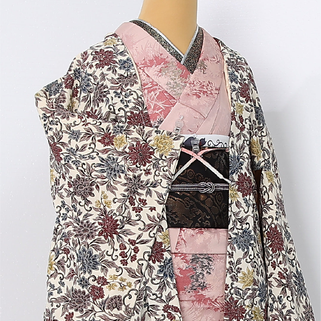 羽織 袷 身丈83cm 裄丈64cm 正絹 Sランク カジュアル Mサイズ 紐あり 唐草 菊 クリーム系 M4 1232-12614