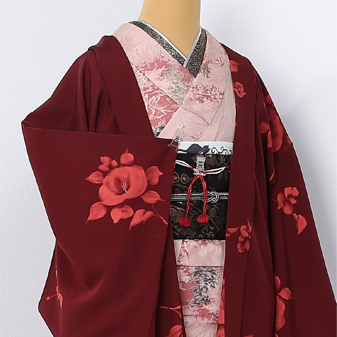 羽織 袷 身丈80cm 裄丈64cm 正絹 Aランク カジュアル Mサイズ 紐あり 花柄 赤系 M4 1232-12613
