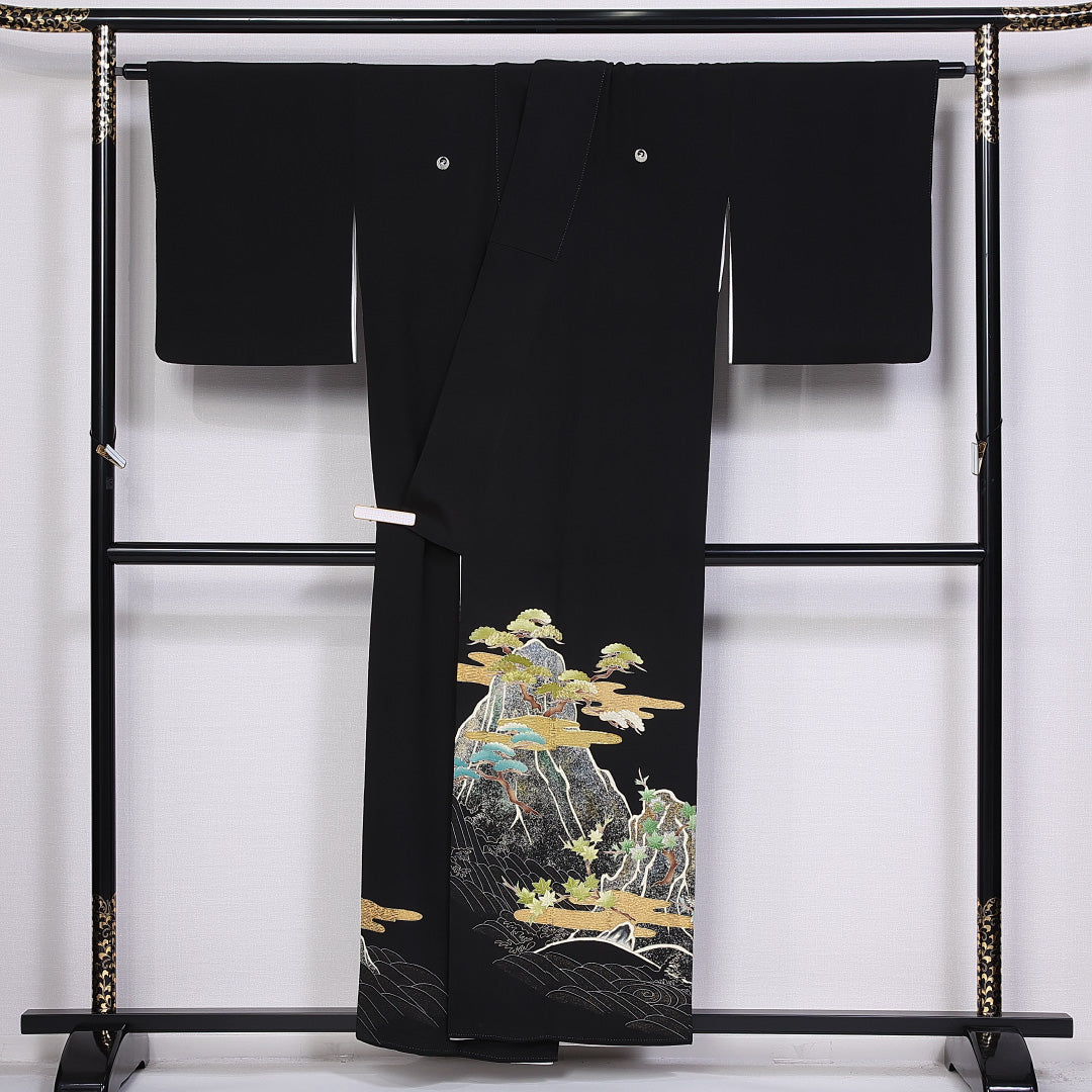 黒留袖 五つ紋 鶴の丸 身丈155cm 裄丈63.5cm Sランク 正絹 袷 比翼 広衿 M 金駒刺繍 エ霞 桐 松 京友禅 フォーマル 黒系 1211-F0338