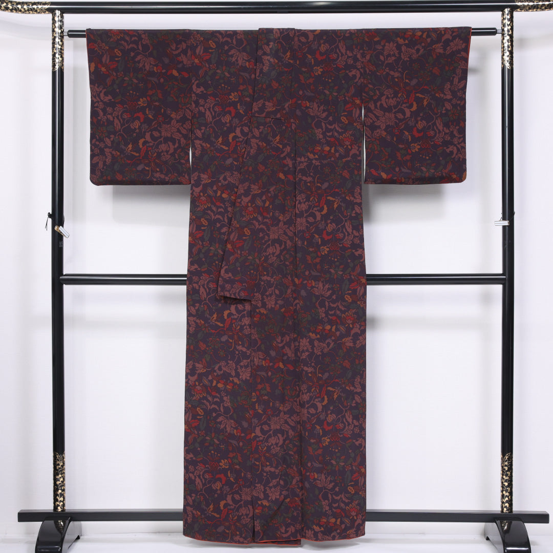 小紋 袷 身丈158cm 裄丈63cm 正絹 Sランク インフォーマル 広衿 Mサイズ 唐草華文 紫系 M4 1221-11412