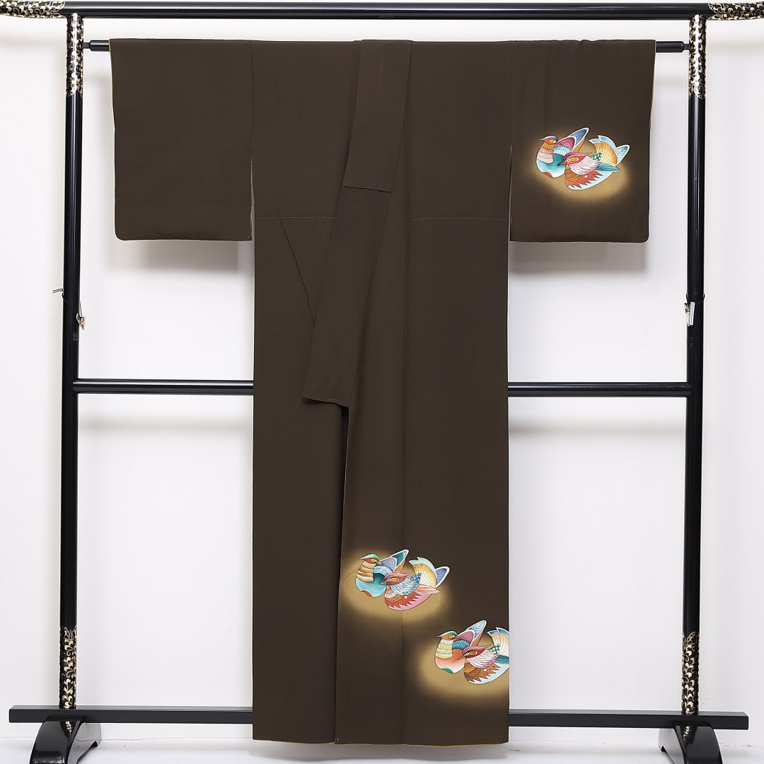 付下げ 袷 身丈158cm 裄丈64cm 正絹 Aランク インフォーマル 広衿 Mサイズ 落款 鴛鴦 茶系 RP 1218-04647