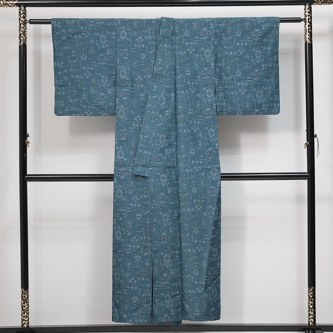 紬 単衣 身丈140cm 裄丈61cm 正絹 Aランク カジュアル バチ衿 XSサイズ 植物柄 創作柄 青系 RP 1223-14792