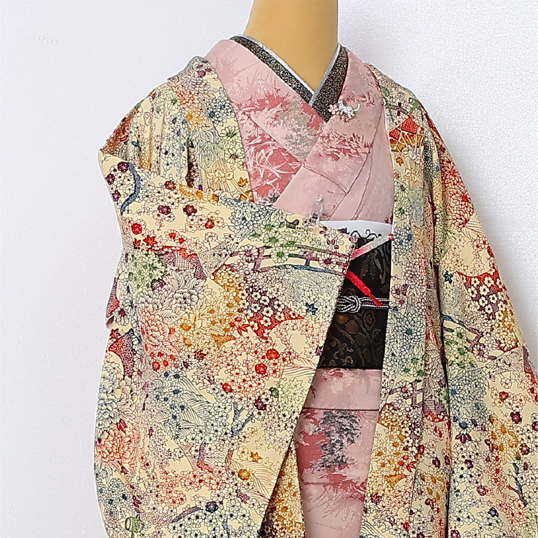 羽織 袷 身丈85cm 裄丈64cm 正絹 Sランク カジュアル Mサイズ 紐あり 花柄 ベージュ系 RP 1232-12863