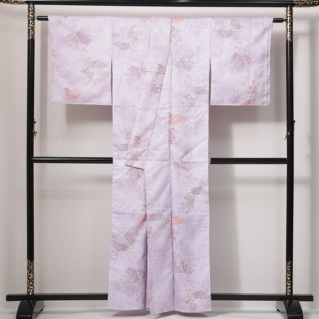 小紋 洗える着物 袷 身丈159cm 裄丈64cm ポリエステル Sランク Mサイズ 広衿 インフォーマル 扇 橘 しつけ糸 紫系 1215-14819