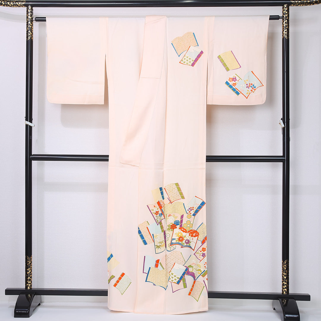 訪問着 身丈160cm 裄丈64.5cm Bランク L 正絹 単衣 広衿 吉祥文様 色紙 菊 紅葉 セミフォーマル ピンク系 1212-12229