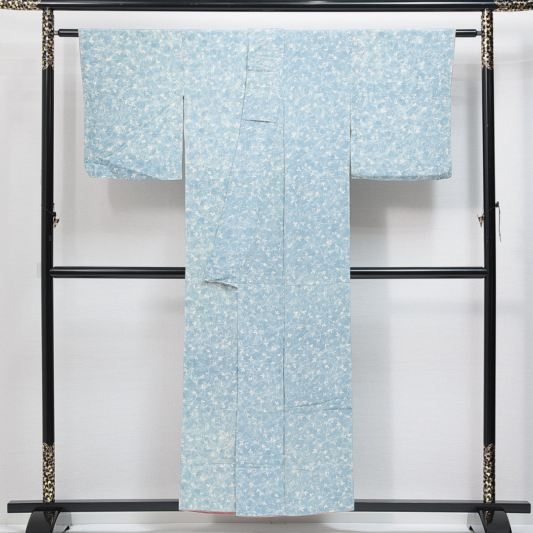 小紋 袷 身丈152cm 裄丈60cm 正絹 Aランク Sサイズ 広衿 インフォーマル 植物柄 水色系 1215-14860