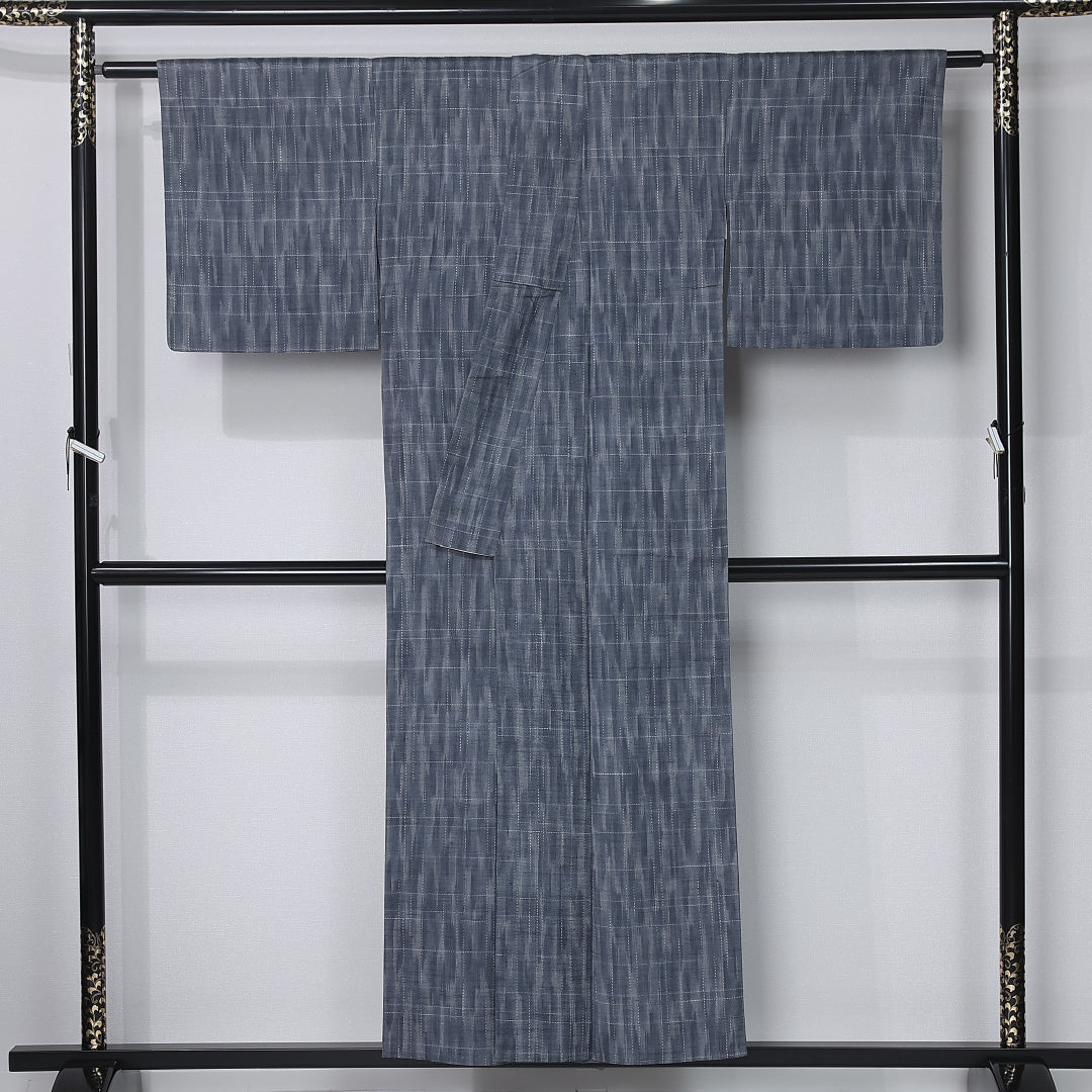 紬 単衣 身丈152cm 裄丈62cm 正絹 Cランク カジュアル 広衿 Sサイズ 肩当て 格子 紺系 LP 1223-12254