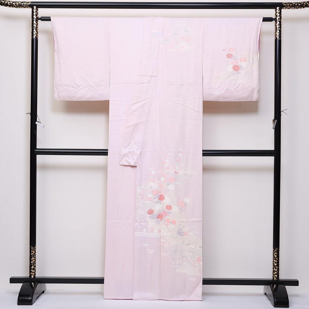 訪問着 袷 身丈164cm 裄64cm 正絹 観世水 鴛鴦 笠松 菊 Aランク 1212-00686