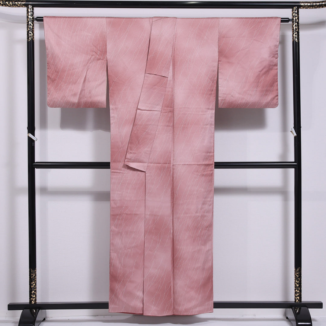 小紋 袷 身丈155cm 裄丈63cm 正絹 Aランク インフォーマル 広衿 Mサイズ ぼかし染 芝草 ピンク系 HP 1221-11550