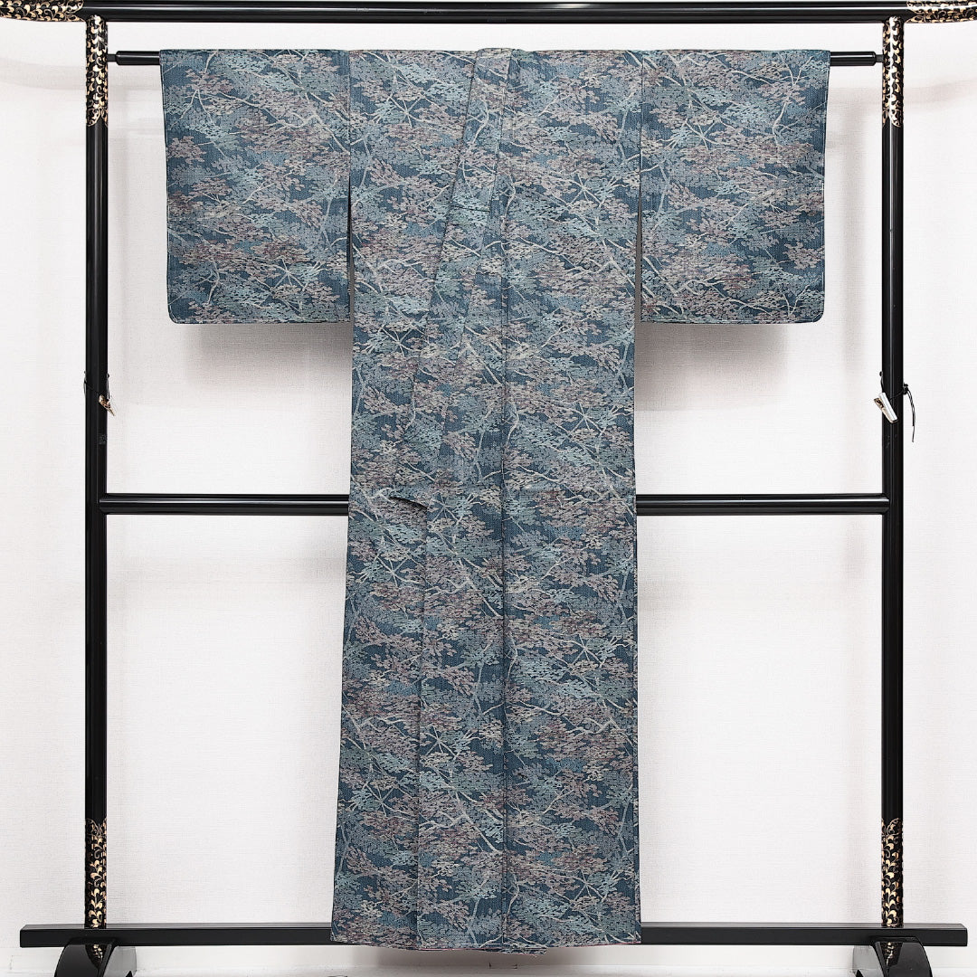 未使用品 洗える着物 ウールの紬 胴抜き 身丈154cm 裄丈64cm ウール Sランク カジュアル バチ衿 Sサイズ しつけ糸 植物柄 青系 RP 1223-14153