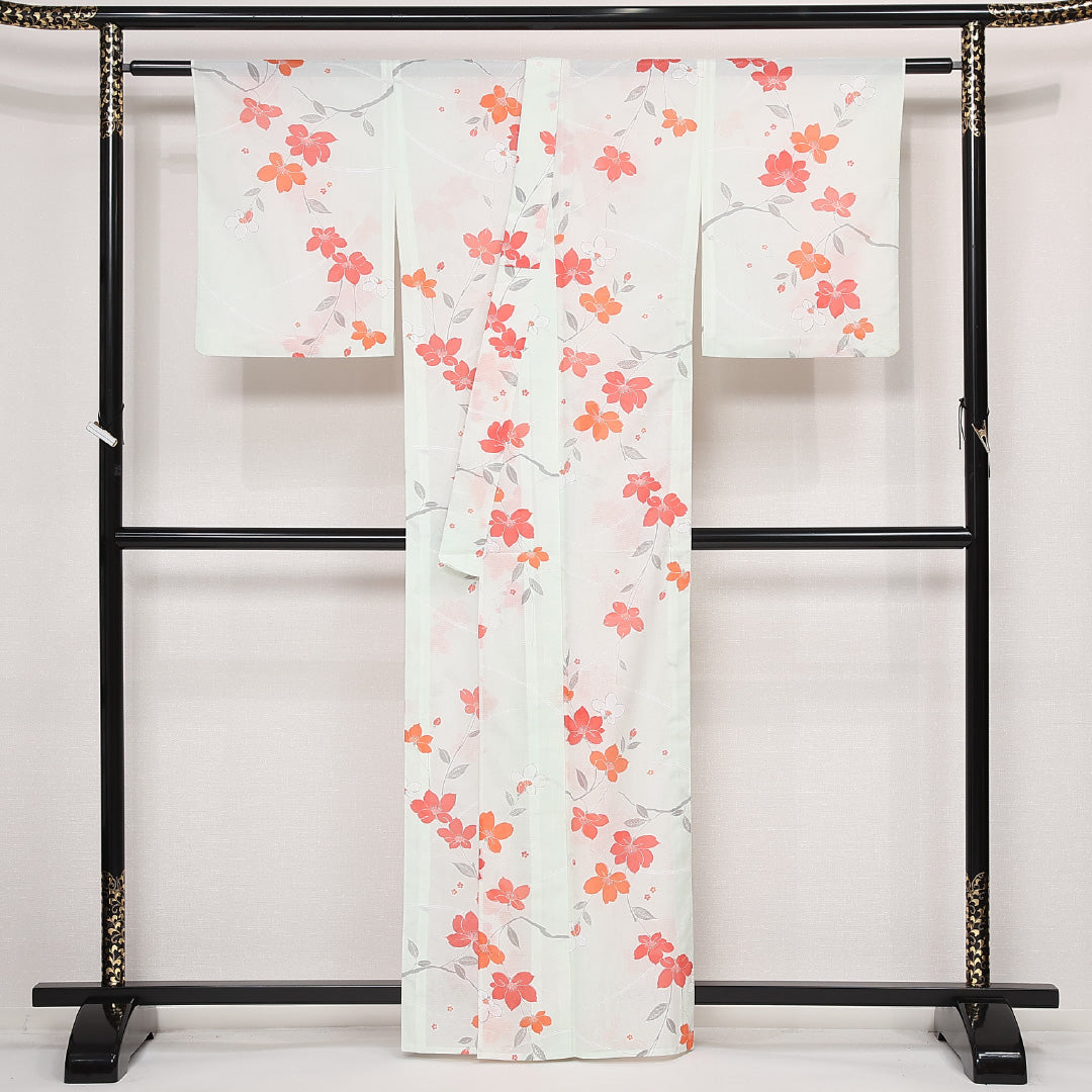 夏物 洗える着物 小紋 絽 身丈160cm 裄丈64cm ポリエステル Aランク インフォーマル バチ衿 Lサイズ 花柄 緑系 RP 1221-13228