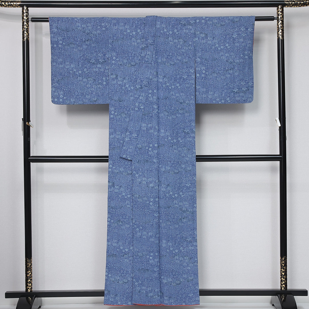 洗える着物 小紋 袷 身丈157cm 裄丈62cm ポリエステル Cランク インフォーマル バチ衿 Mサイズ 茶屋辻 花柄 紅葉 青系 LP 1221-12047