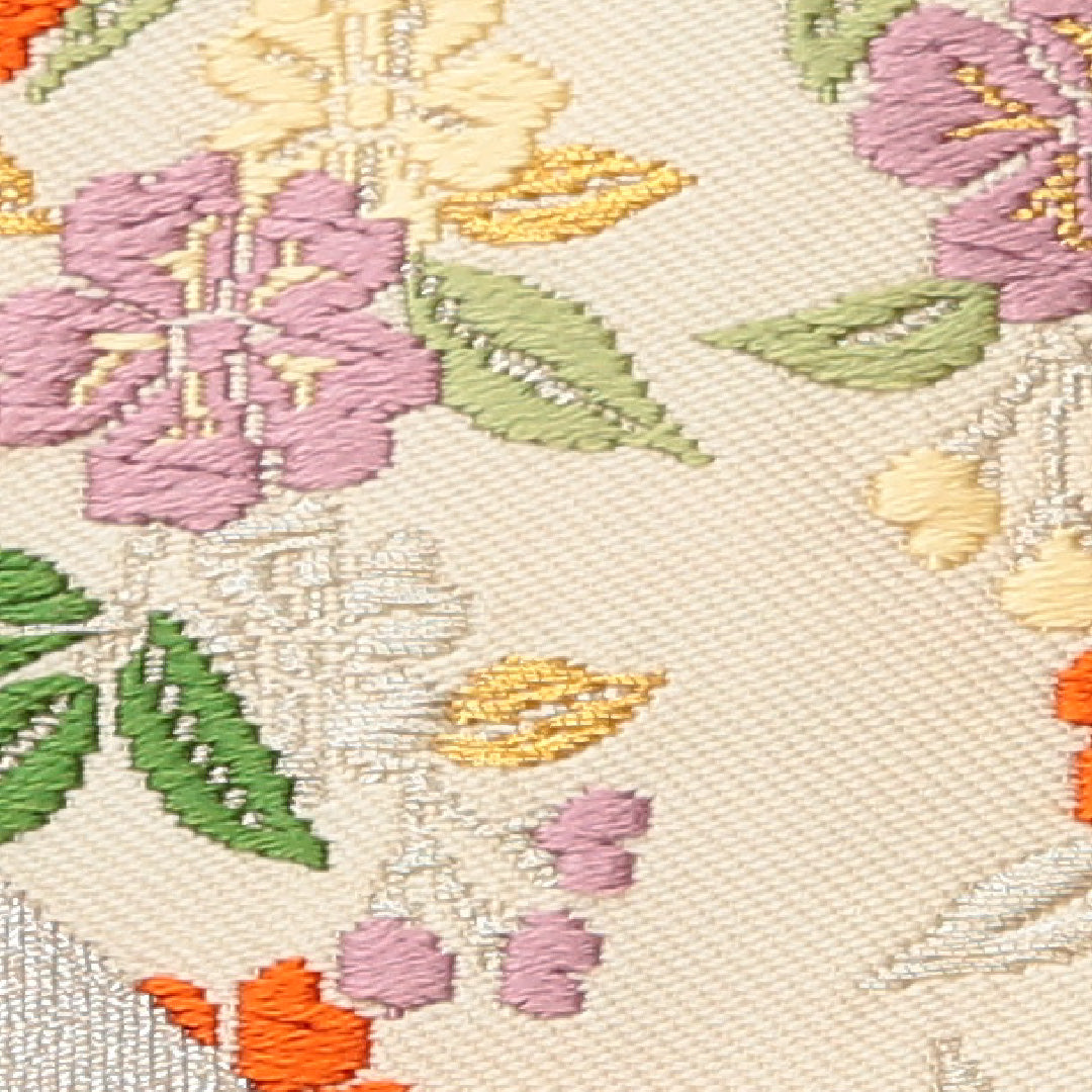 九寸名古屋帯 帯丈357cm セミフォーマル 名古屋仕立て ポイント柄 Sランク 正絹 花柄 クリーム系 1224-02007