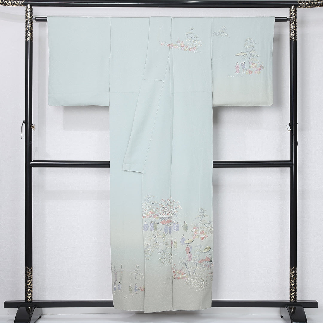 訪問着 身丈154cm 裄丈63.5cm Aランク S 正絹 袷 広衿 一つ紋 五三桐 落款 翠山刺繍 刺繍 ぼかし染 フォーマル 緑系 1212-12198