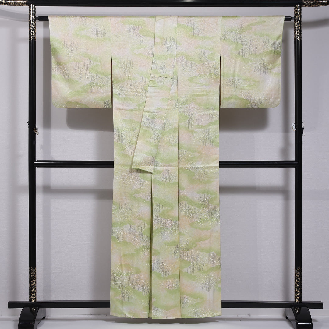 小紋 袷 身丈158cm 裄丈64cm 正絹 Aランク インフォーマル 広衿 Mサイズ 山 雲取り 緑系 HP 1221-11741