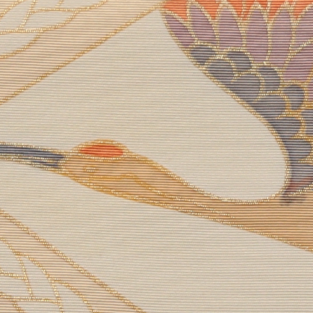 名古屋帯 ポイント柄 帯丈373cm カジュアル Sランク 正絹 笹 鶴 鼓 菱 菊 ベージュ系 1224-01762