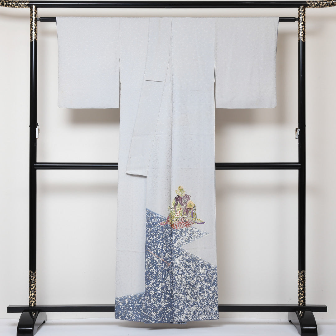 訪問着 袷 身丈157cm 裄丈64cm 正絹 Bランク 一つ紋 (丸に左三階松) セミフォーマル 広衿 Mサイズ 龍 グレー系 RP 1217-04367