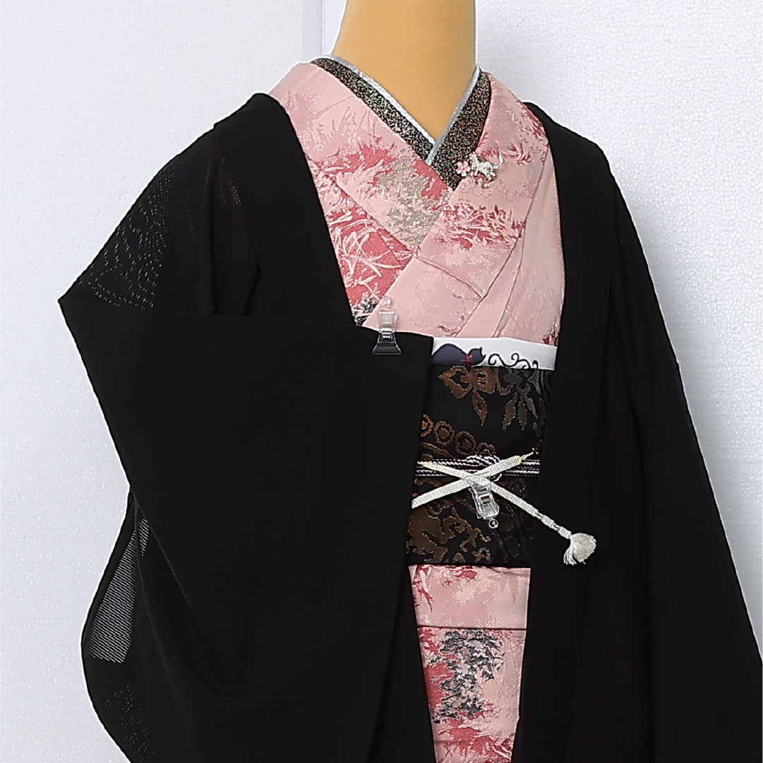 夏物 黒羽織 絽 身丈81cm 裄丈65cm 正絹 Sランク 一つ紋 (木瓜) セミフォーマル Mサイズ 紐あり 無地 黒系 RP 1233-12921
