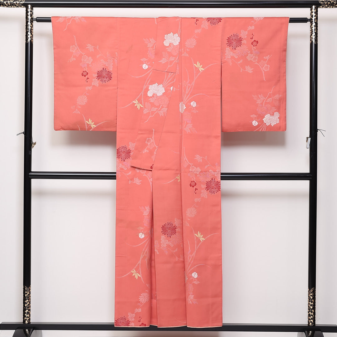 アンティーク 袷 身丈152cm 裄62cm 正絹 お召 梅 菊 ピンク系 Cランク 1216-01350