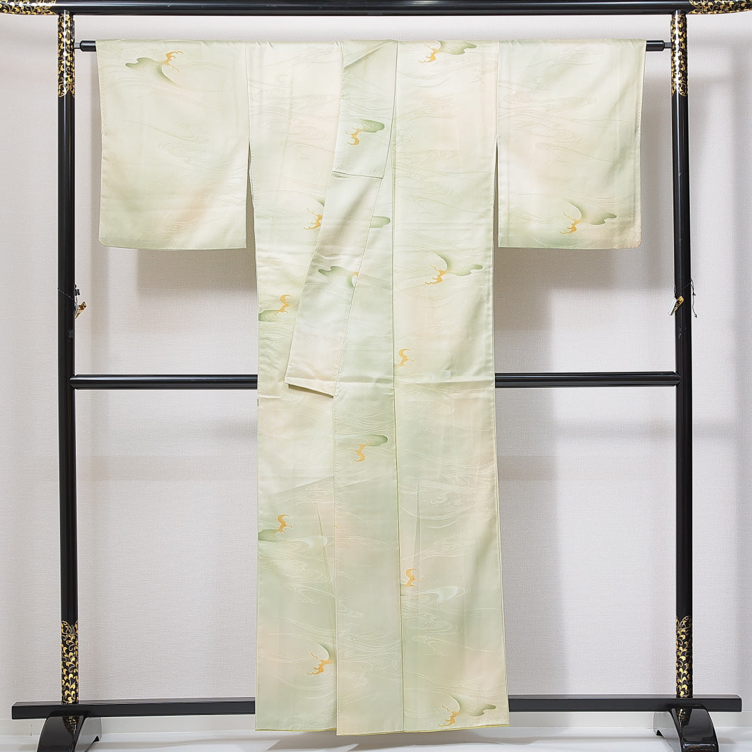 小紋 洗える着物 袷 身丈156cm 裄丈66cm ポリエステル Cランク Mサイズ 広衿 インフォーマル 織り出し 波頭 緑系 1215-14976