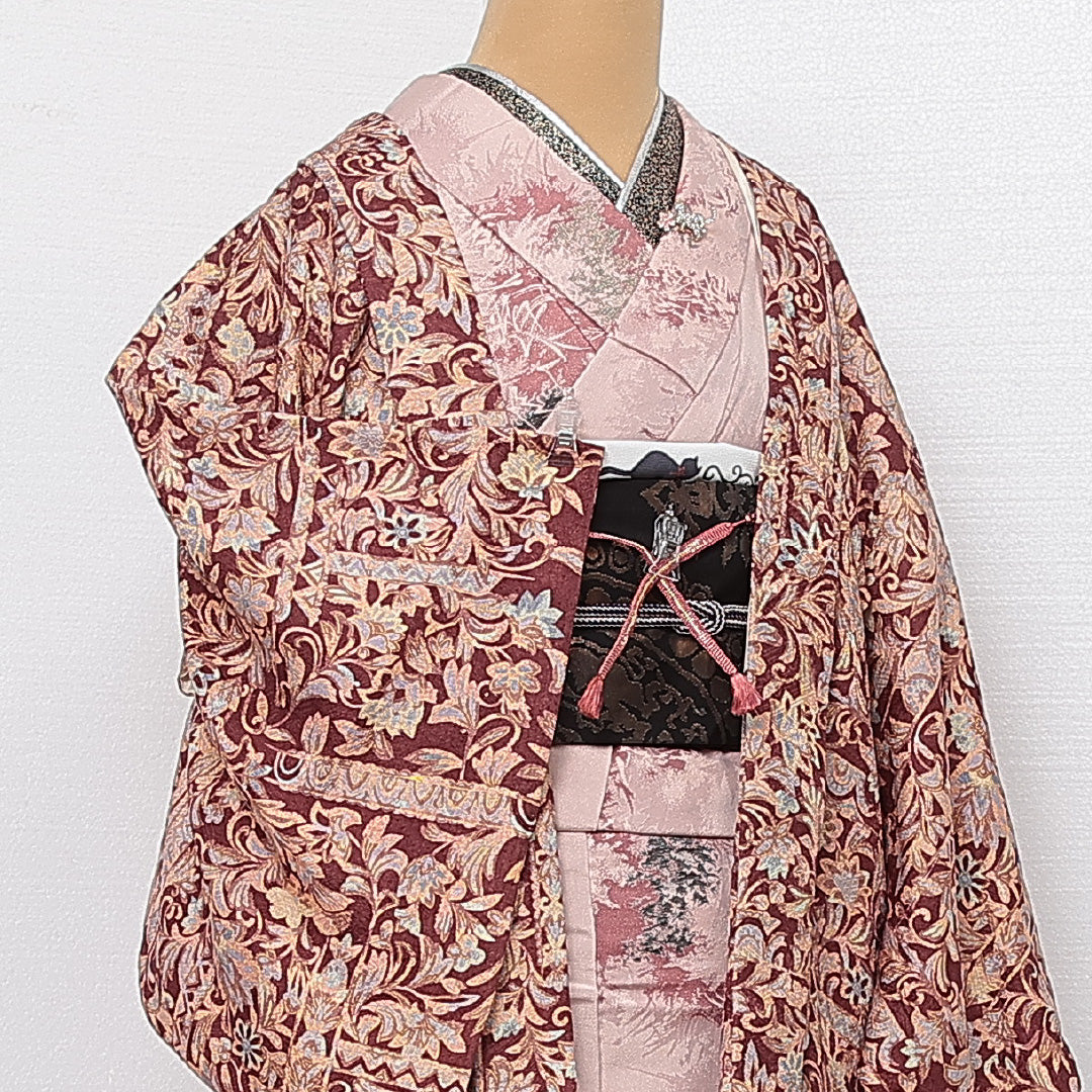 羽織 袷 身丈76cm 裄丈65cm 正絹 Sランク カジュアル Mサイズ 紐あり 植物柄 ピンク系 RP 1232-13855