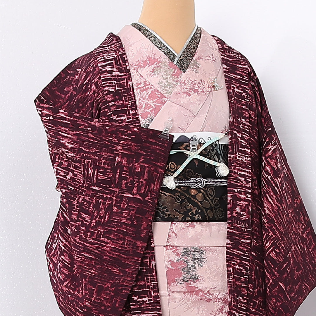 羽織 袷 身丈77cm 裄丈63cm 正絹 Aランク カジュアル Sサイズ 紐あり 創作柄 紫系 RP 1232-12721