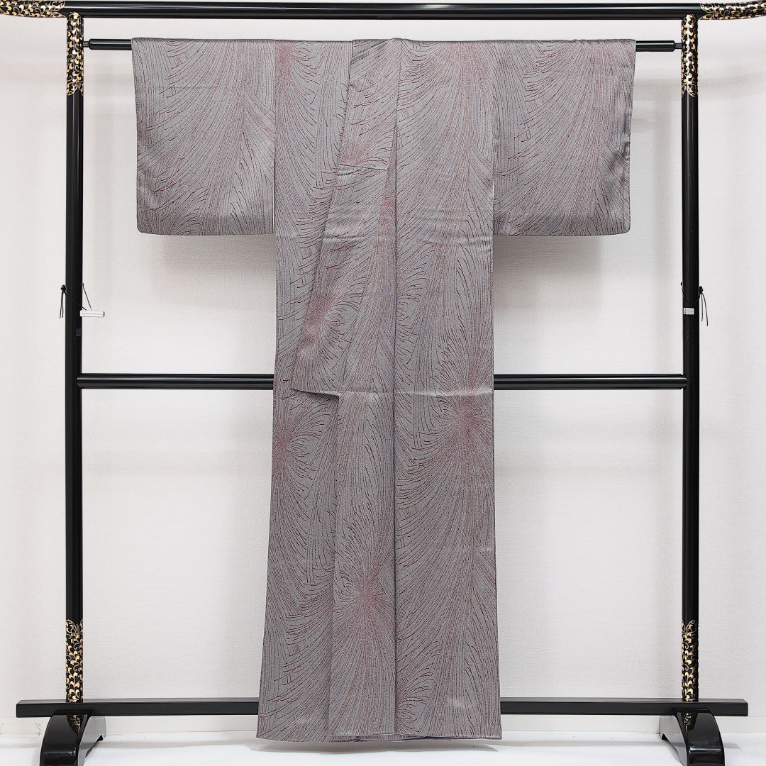 小紋 袷 身丈156cm 裄丈60cm 正絹 Aランク インフォーマル 広衿 Mサイズ 菊 グレー系 RP 1221-14556