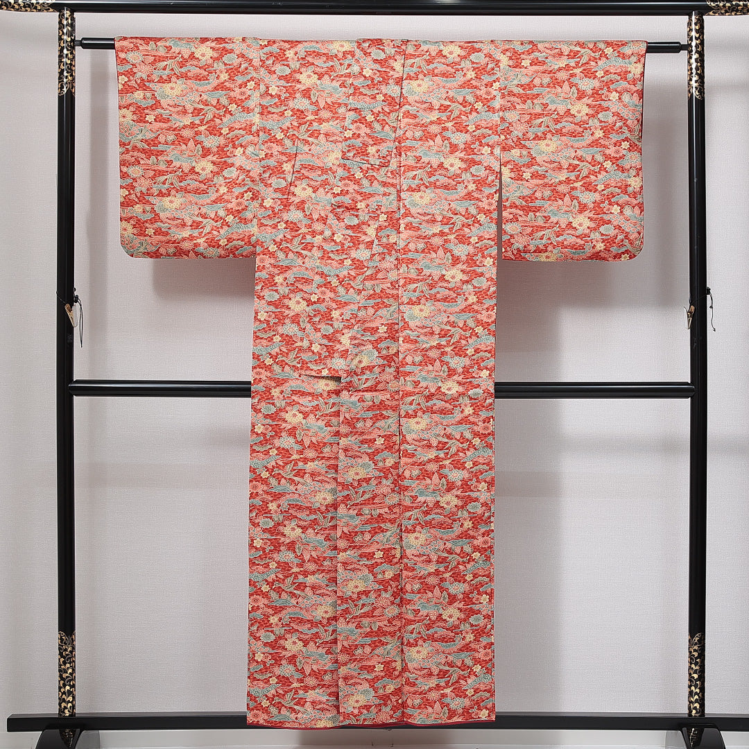 小紋 洗える着物 袷 身丈151cm 裄丈60cm ポリエステル Sランク Sサイズ 広衿 インフォーマル 京紅型 花喰鳥 古典柄 赤系 1215-14977