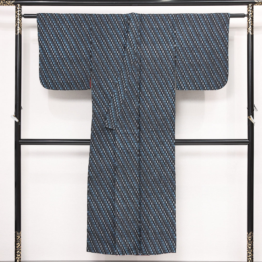 アンティーク 紬 袷 身丈146cm 裄丈62cm 正絹 Aランク バチ衿 XSサイズ チェック 青系 RP 1223-13356