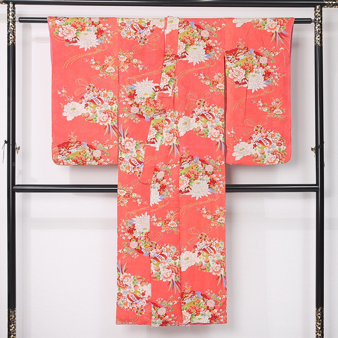アンティーク 小紋 (錦紗) 袷 身丈139cm 裄丈60cm 正絹 Aランク バチ衿 XSサイズ 扇 花柄 朱系 M4 1221-12427
