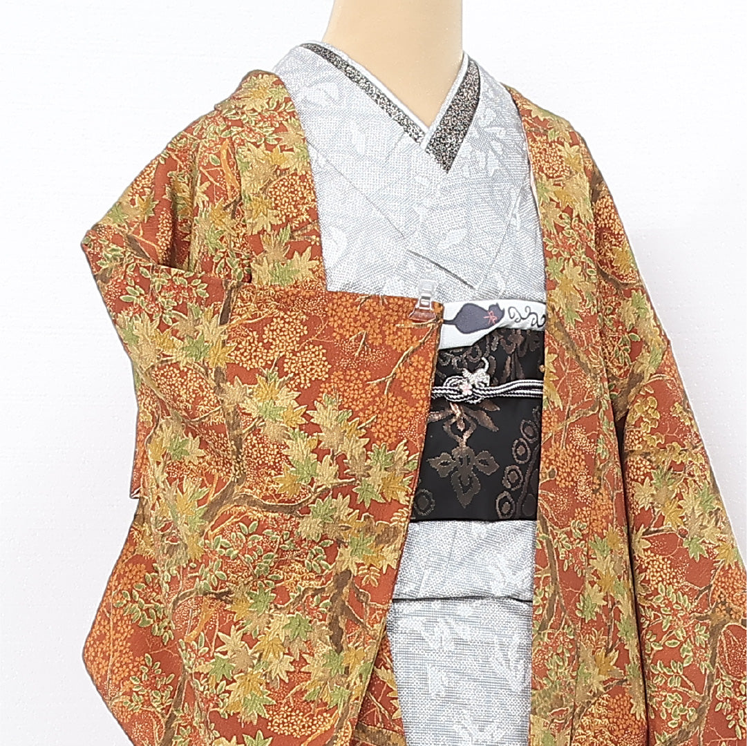 羽織 袷 身丈75cm 裄丈64cm 正絹 Sランク カジュアル Mサイズ 桜 紅葉 南天 朱系 RP 1232-12090