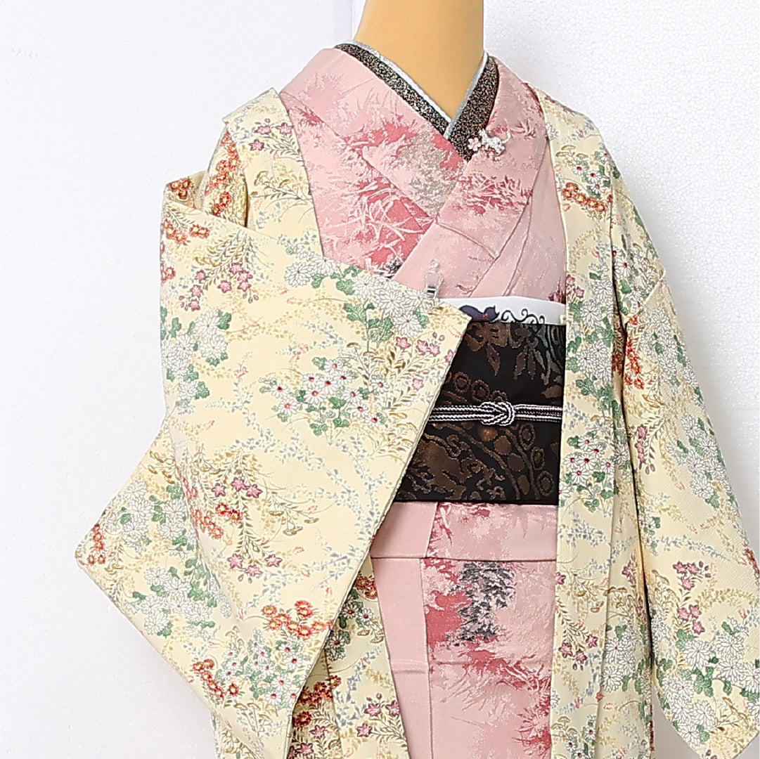 羽織 袷 身丈72cm 裄丈63cm 正絹 Sランク カジュアル Sサイズ 花柄 クリーム系 RP 1232-12902