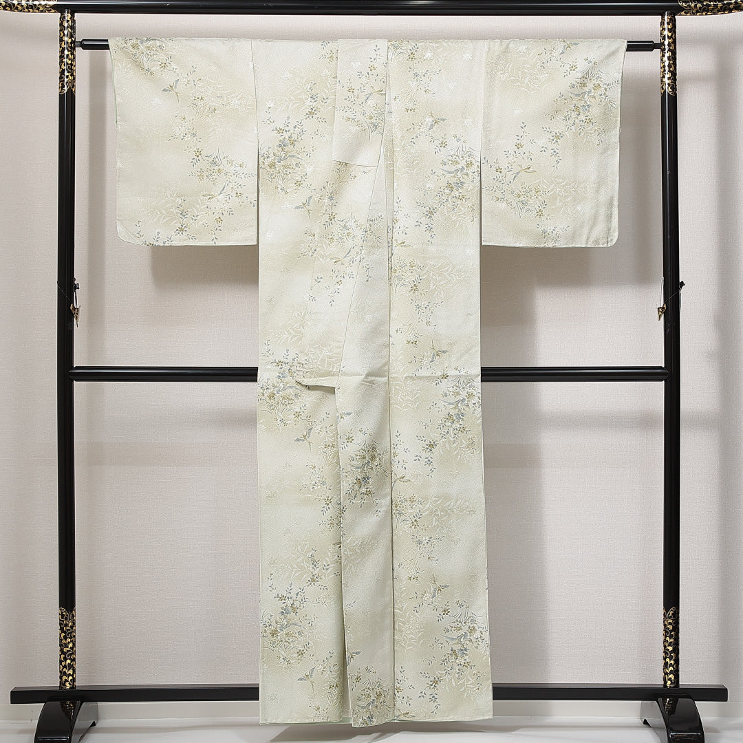 新古品 小紋 洗える着物 袷 身丈159cm 裄丈64cm ポリエステル Nランク Mサイズ 広衿 インフォーマル 花喰鳥 しつけ糸 緑系 1215-14816