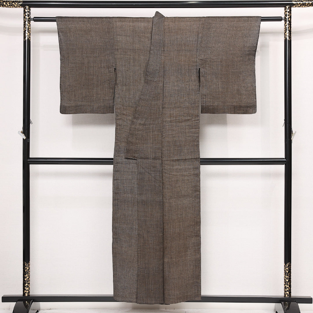 アンティーク 夏物 洗える着物 麻の紬 夏物 身丈153cm 裄丈59cm 麻 Cランク バチ衿 Sサイズ 無地 茶系 M4 1223-13364