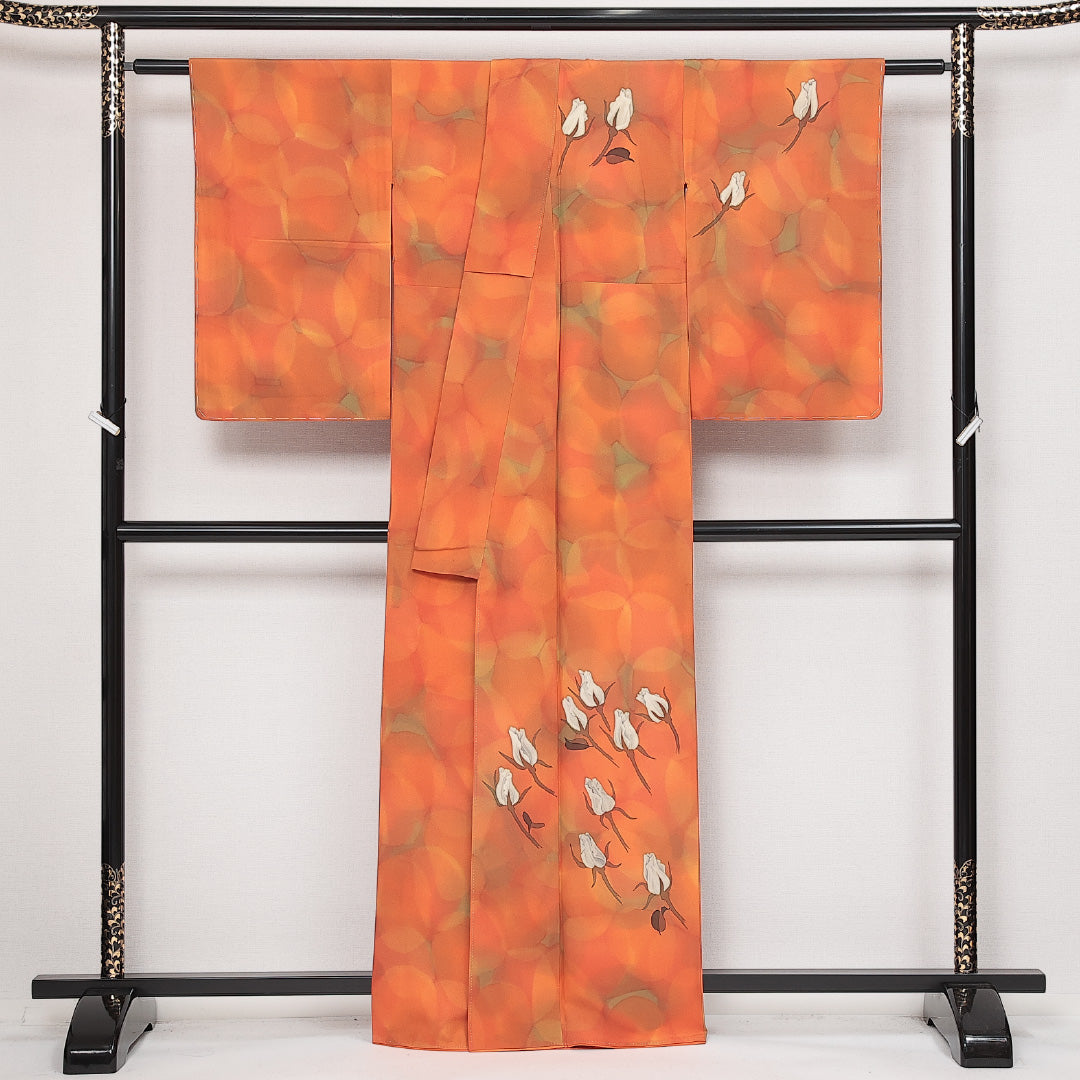 付下げ 袷 身丈161cm 裄丈61cm 正絹 Sランク インフォーマル 広衿 Lサイズ 薔薇 朱系 RP 1218-13971