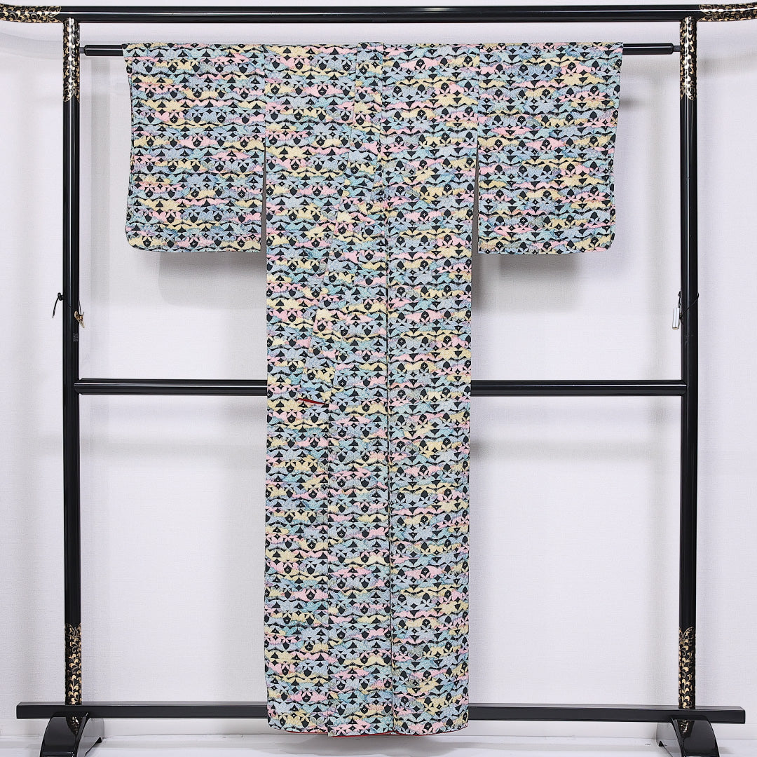 小紋 袷 身丈156cm 裄丈61cm 正絹 Aランク インフォーマル バチ衿 Mサイズ 蝶 橘 水色系 RP 1221-11351