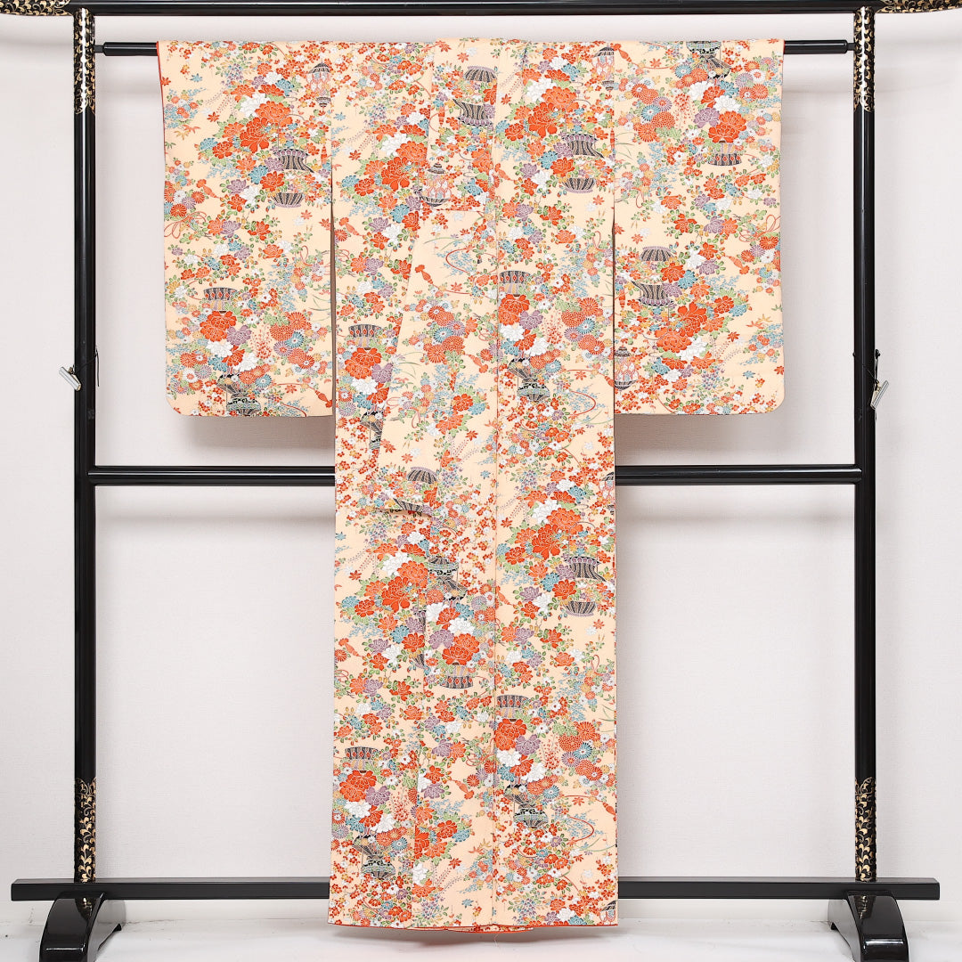 洗える着物 小紋 袷 身丈158cm 裄丈60cm ポリエステル Aランク インフォーマル 広衿 Mサイズ 花籠 クリーム系 RP 1221-13540