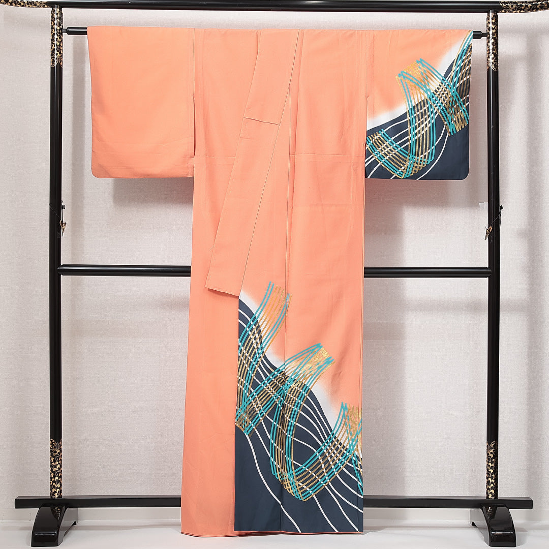 訪問着 洗える着物 胴抜き 身丈161cm 裄丈65cm ポリエステル Aランク Lサイズ 広衿 セミフォーマル 幾何学柄 朱系 1212-14824