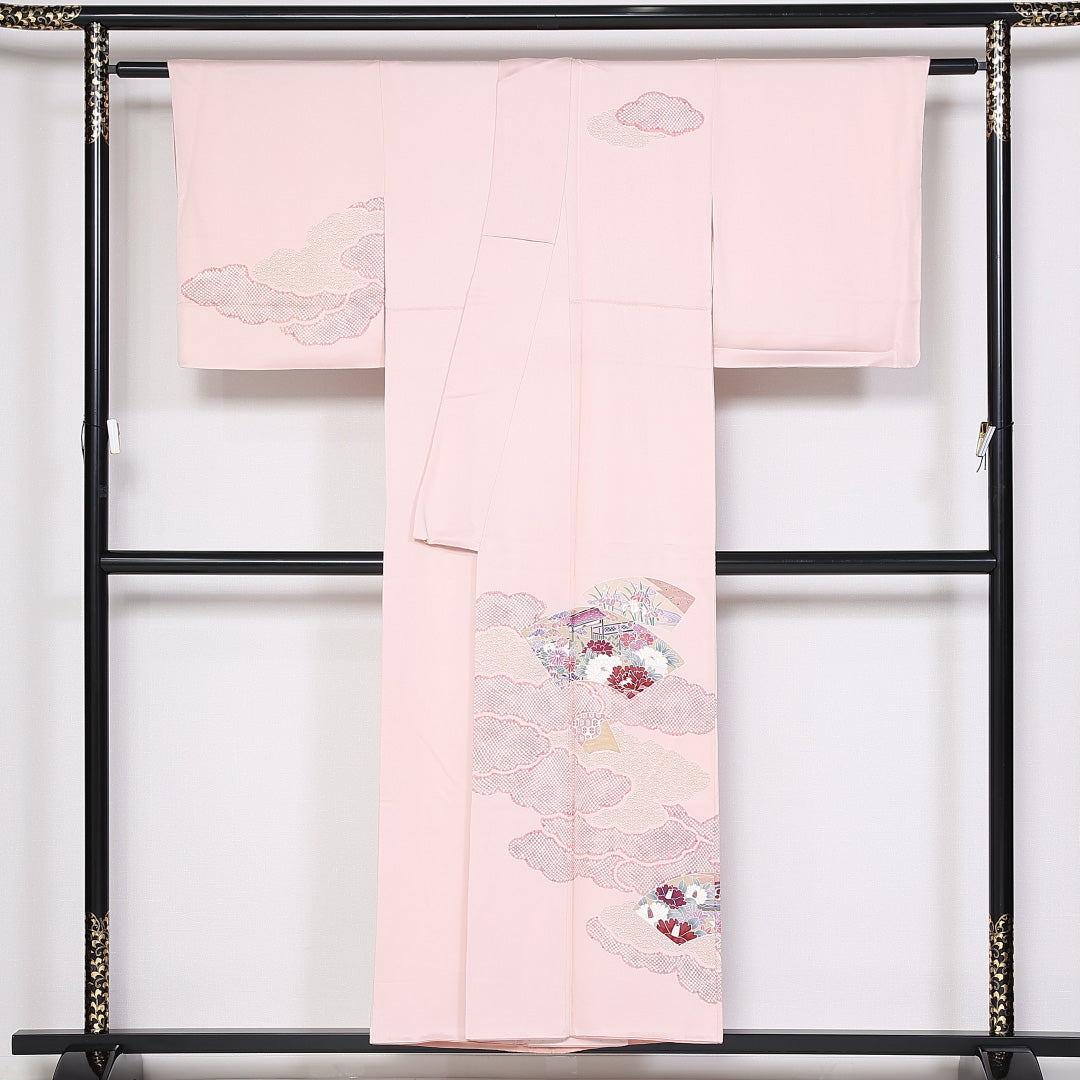 訪問着 袷 身丈153cm 裄64.5cm 正絹 扇 吉祥文様 茶屋辻 パールトーン加工 Aランク 1212-00807