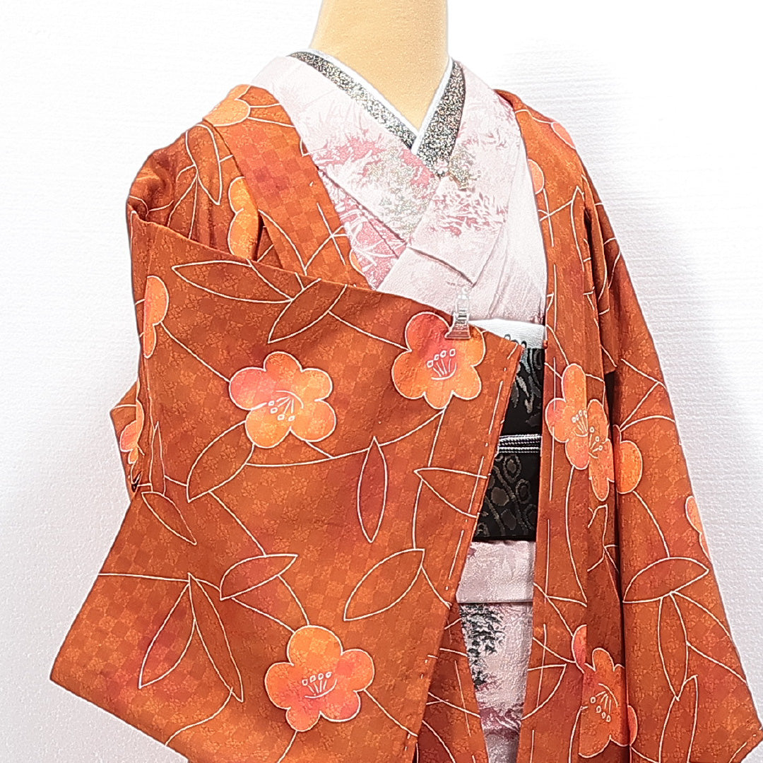 羽織 袷 身丈79cm 裄丈65cm 正絹 Sランク Mサイズ カジュアル 梅 ぼかし染 茶系 朱系 1217-14763