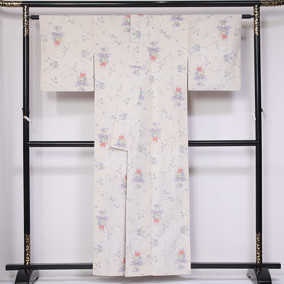 紬 身丈165cm 裄丈64.5cm XL 正絹 Bランク 袷 広衿 紬 草花 1216-10909