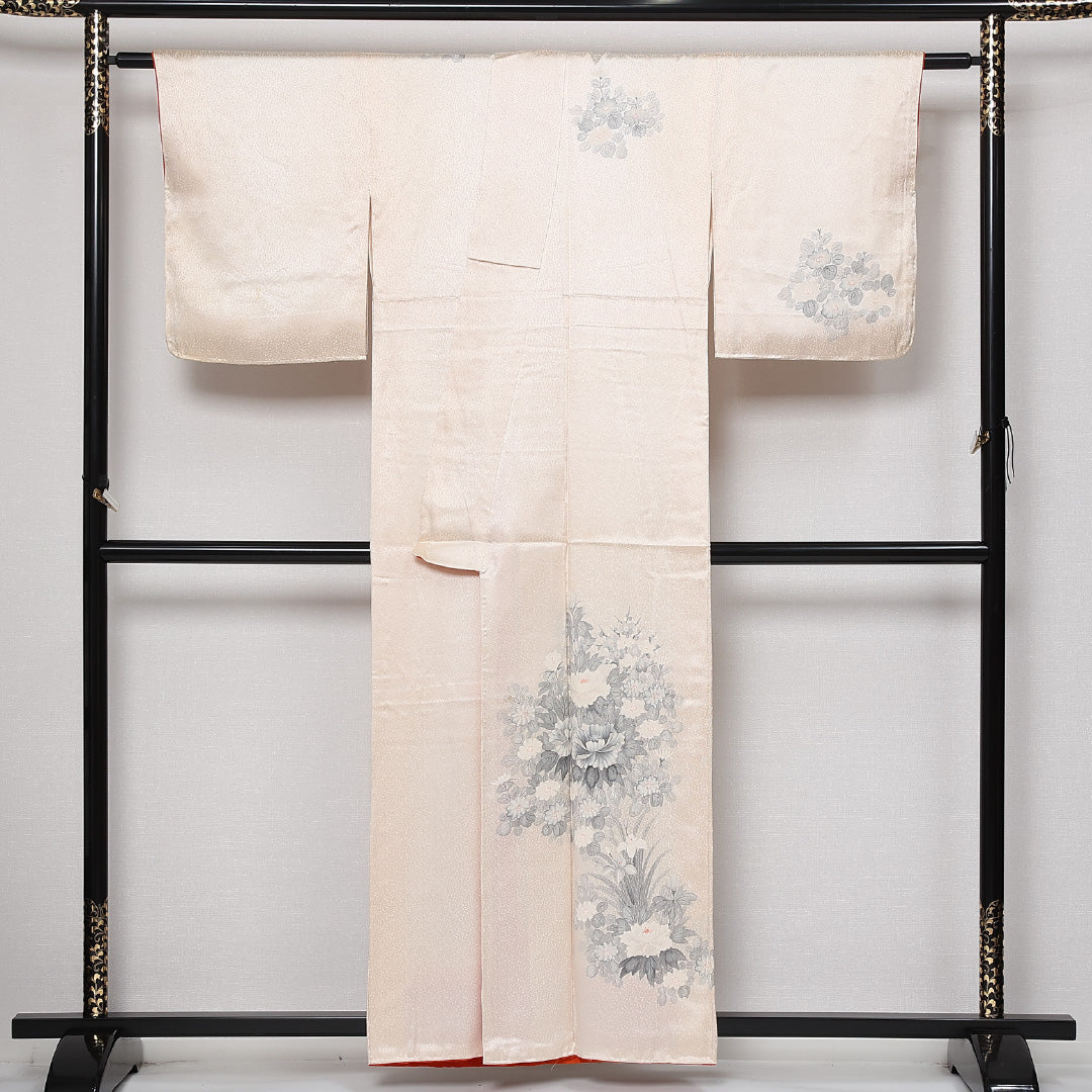 訪問着 袷 身丈150cm 裄丈65cm 正絹 Bランク セミフォーマル 広衿 Sサイズ 牡丹 ピンク系 RP 1217-13602