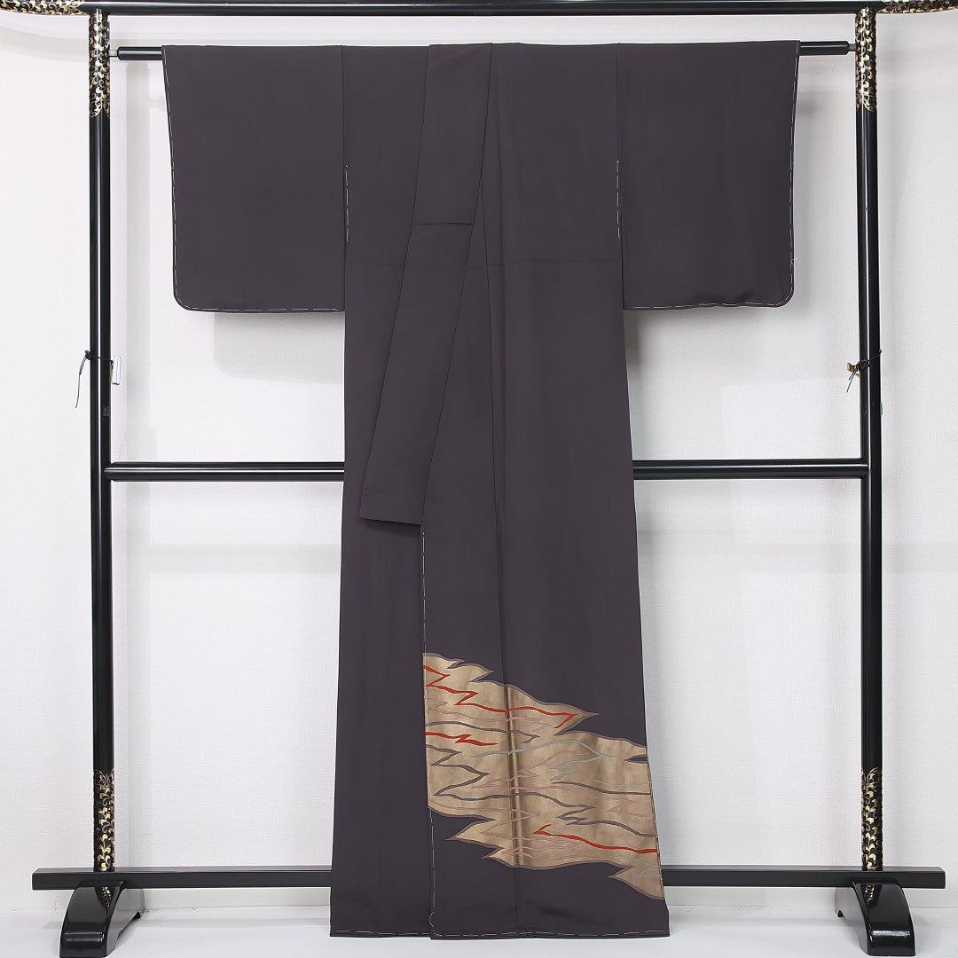 訪問着 袷 身丈162cm 裄丈65cm 正絹 Sランク 三つ紋 (下り藤) フォーマル 広衿 Lサイズ 遠山 グレー系 RP 1217-12436