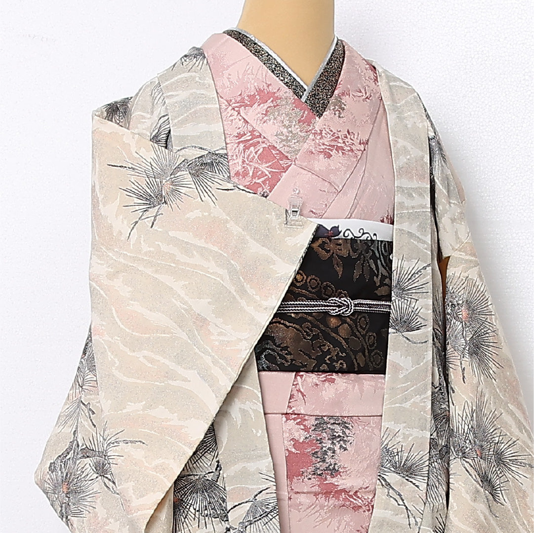 羽織 袷 身丈82cm 裄丈63cm 正絹 Sランク カジュアル Sサイズ 松 クリーム系 RP 1232-12766