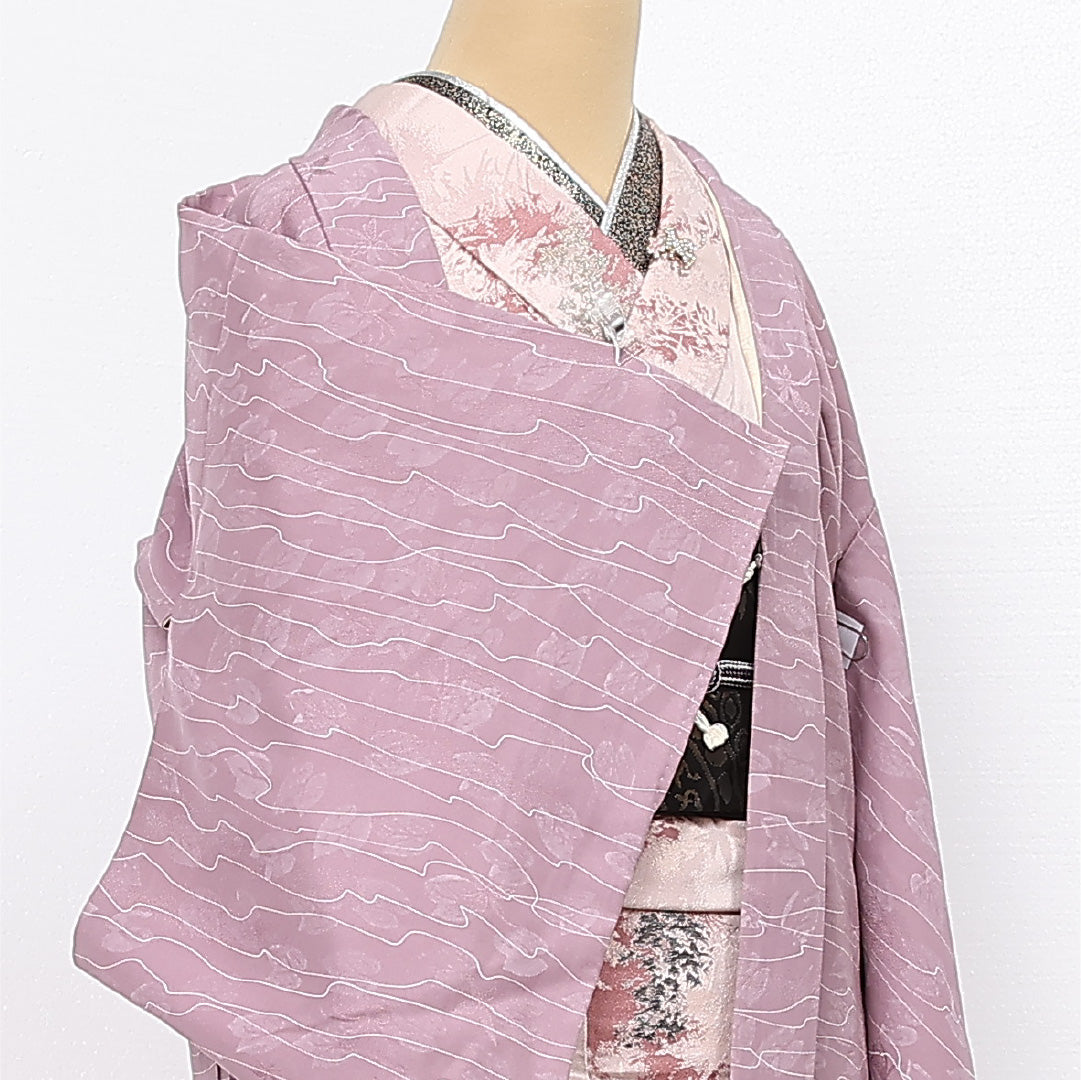 羽織 袷 身丈77cm 裄丈63cm 正絹 Aランク 紋意匠 (植物) カジュアル Sサイズ 紐あり 抽象柄 紫系 HP 1232-13420